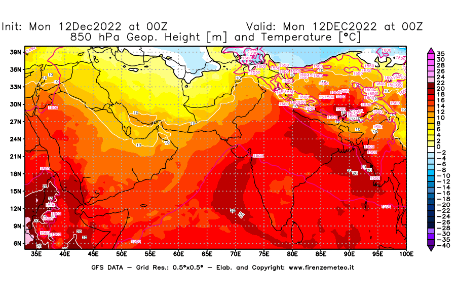 Mappa di analisi GFS - Geopotenziale [m] e Temperatura [°C] a 850 hPa in Asia Sud-Occidentale
							del 12/12/2022 00 <!--googleoff: index-->UTC<!--googleon: index-->