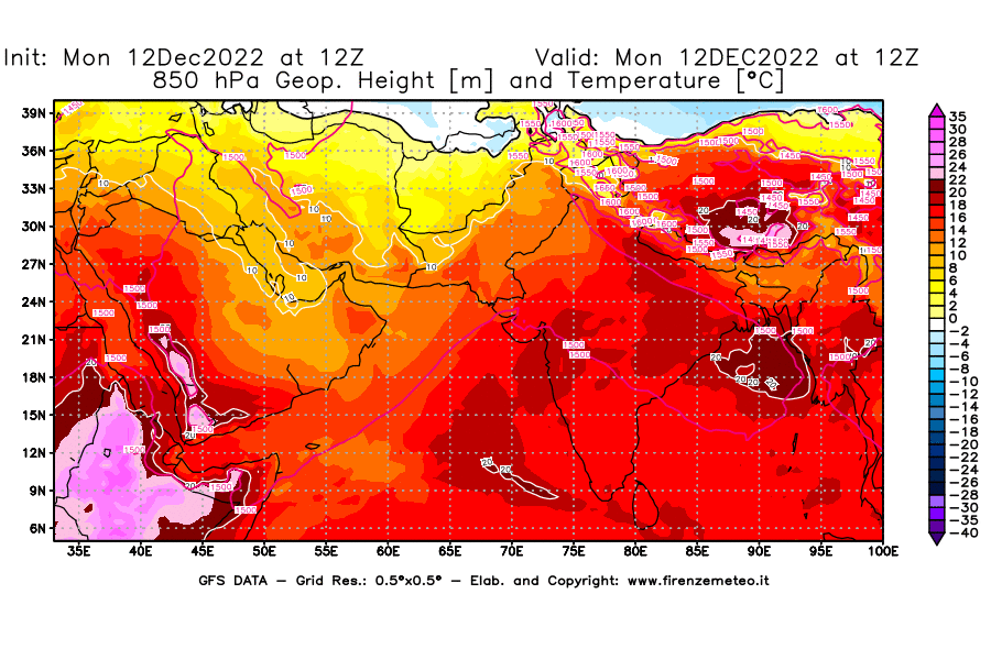 Mappa di analisi GFS - Geopotenziale [m] e Temperatura [°C] a 850 hPa in Asia Sud-Occidentale
							del 12/12/2022 12 <!--googleoff: index-->UTC<!--googleon: index-->