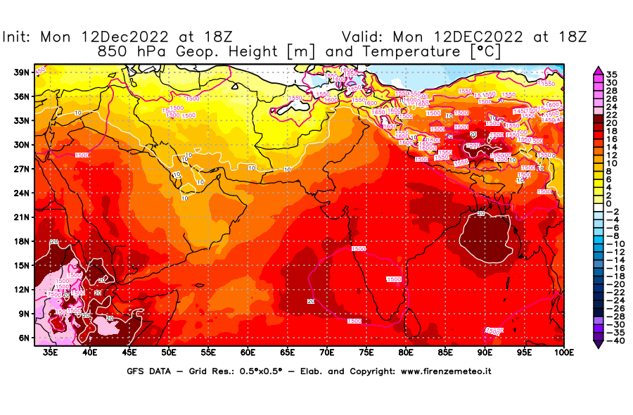 Mappa di analisi GFS - Geopotenziale [m] e Temperatura [°C] a 850 hPa in Asia Sud-Occidentale
							del 12/12/2022 18 <!--googleoff: index-->UTC<!--googleon: index-->