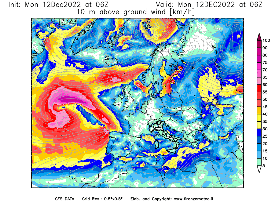 Mappa di analisi GFS - Velocità del vento a 10 metri dal suolo [km/h] in Europa
							del 12/12/2022 06 <!--googleoff: index-->UTC<!--googleon: index-->