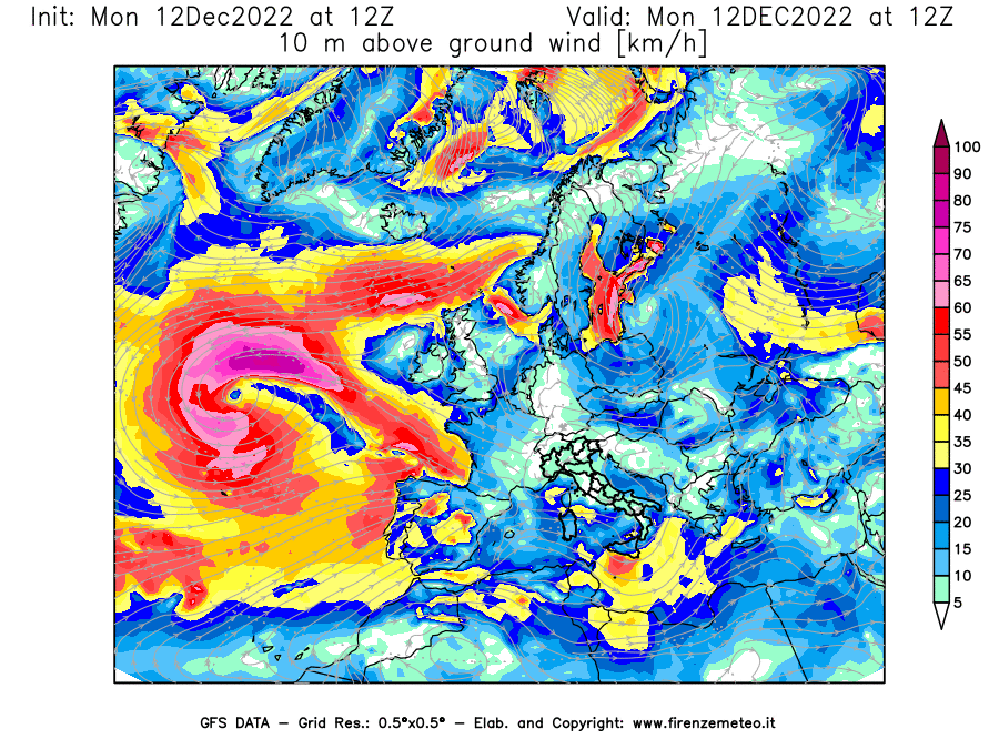 Mappa di analisi GFS - Velocità del vento a 10 metri dal suolo [km/h] in Europa
							del 12/12/2022 12 <!--googleoff: index-->UTC<!--googleon: index-->