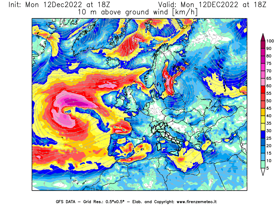 Mappa di analisi GFS - Velocità del vento a 10 metri dal suolo [km/h] in Europa
							del 12/12/2022 18 <!--googleoff: index-->UTC<!--googleon: index-->
