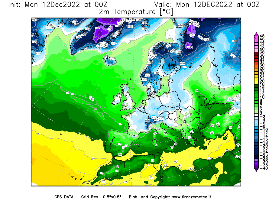 Mappa di analisi GFS - Temperatura a 2 metri dal suolo [°C] in Europa
							del 12/12/2022 00 <!--googleoff: index-->UTC<!--googleon: index-->