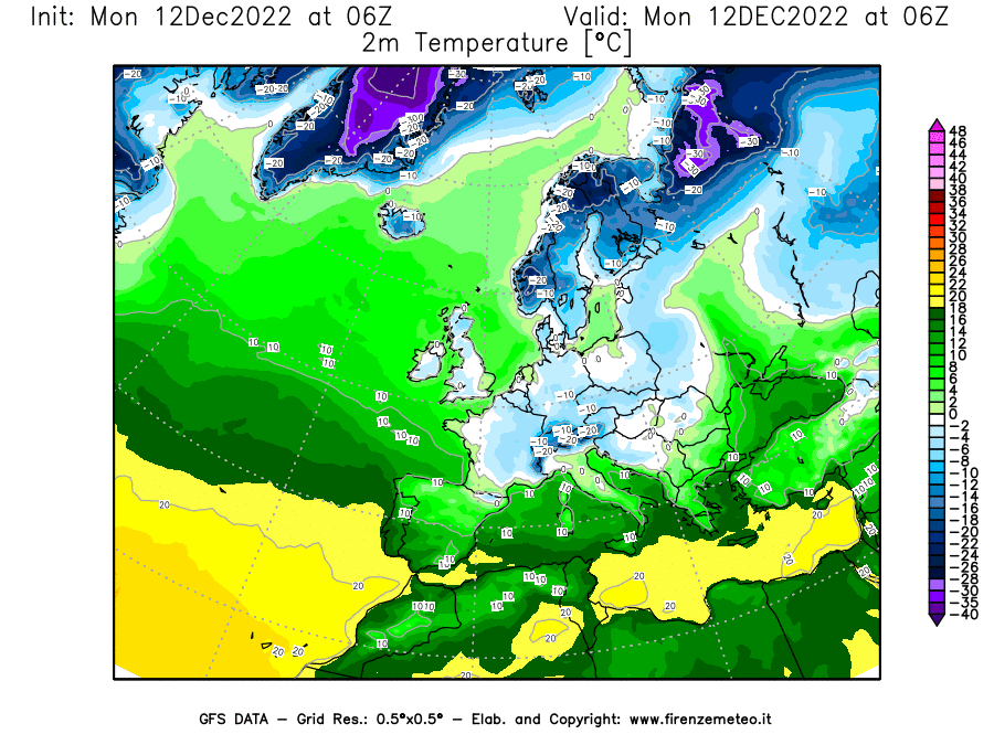Mappa di analisi GFS - Temperatura a 2 metri dal suolo [°C] in Europa
							del 12/12/2022 06 <!--googleoff: index-->UTC<!--googleon: index-->