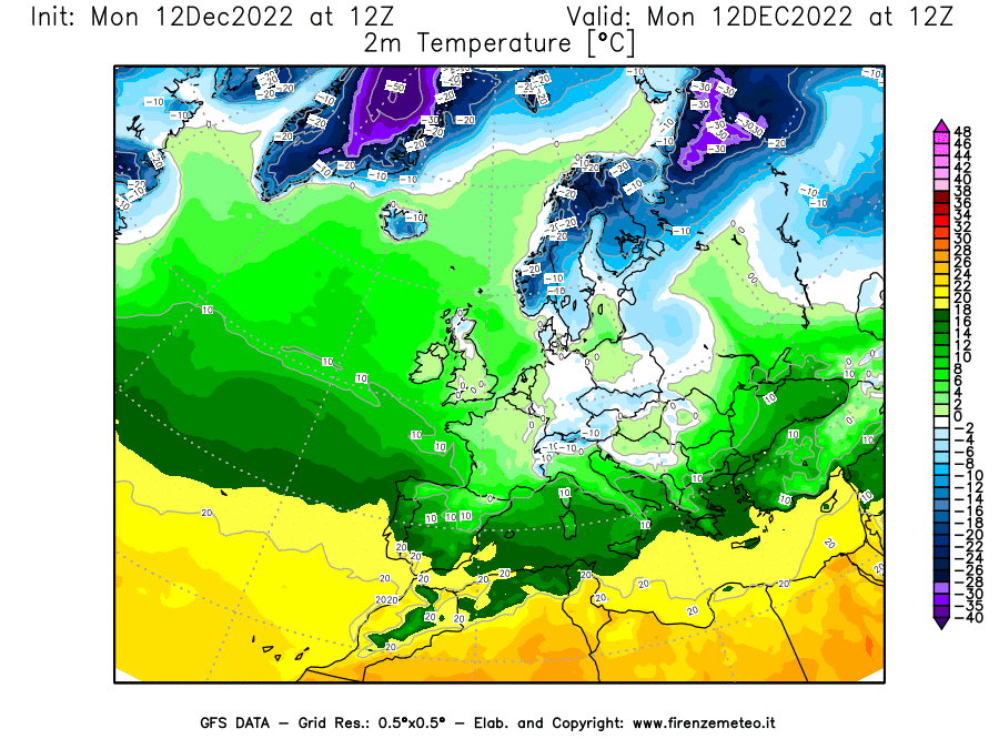 Mappa di analisi GFS - Temperatura a 2 metri dal suolo [°C] in Europa
							del 12/12/2022 12 <!--googleoff: index-->UTC<!--googleon: index-->