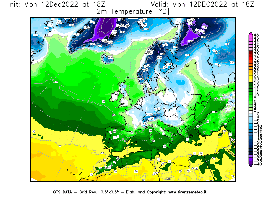 Mappa di analisi GFS - Temperatura a 2 metri dal suolo [°C] in Europa
							del 12/12/2022 18 <!--googleoff: index-->UTC<!--googleon: index-->