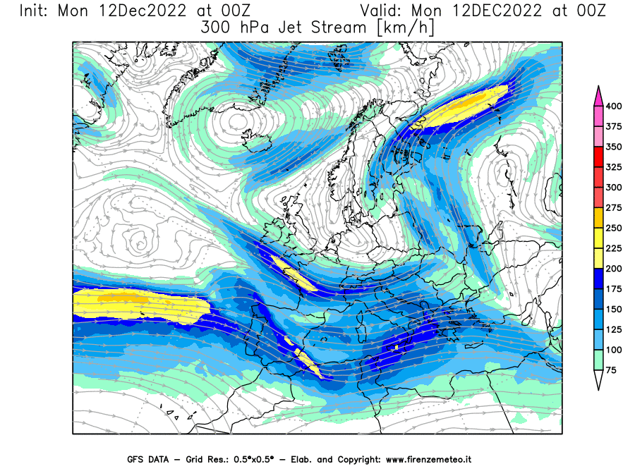 Mappa di analisi GFS - Jet Stream a 300 hPa in Europa
							del 12/12/2022 00 <!--googleoff: index-->UTC<!--googleon: index-->