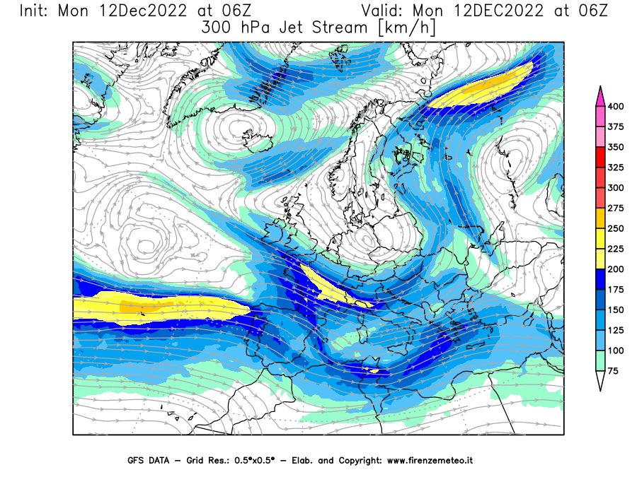 Mappa di analisi GFS - Jet Stream a 300 hPa in Europa
							del 12/12/2022 06 <!--googleoff: index-->UTC<!--googleon: index-->