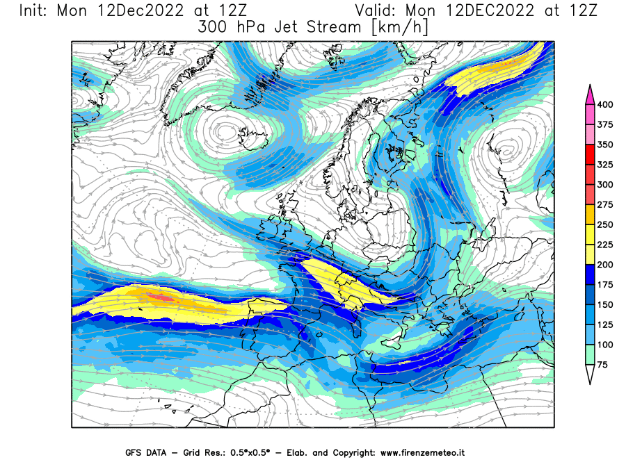 Mappa di analisi GFS - Jet Stream a 300 hPa in Europa
							del 12/12/2022 12 <!--googleoff: index-->UTC<!--googleon: index-->