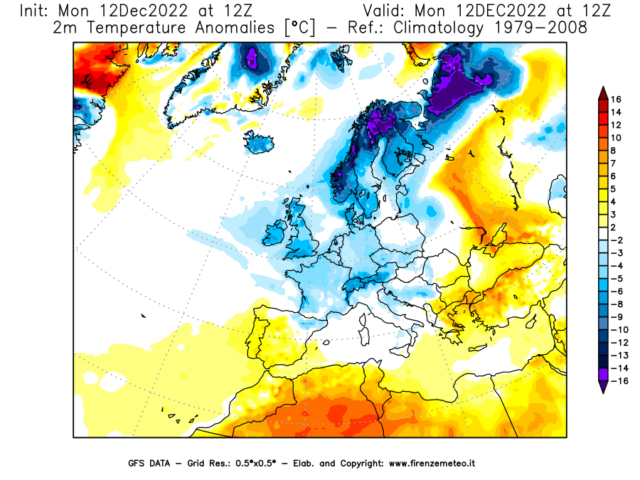 Mappa di analisi GFS - Anomalia Temperatura [°C] a 2 m in Europa
							del 12/12/2022 12 <!--googleoff: index-->UTC<!--googleon: index-->