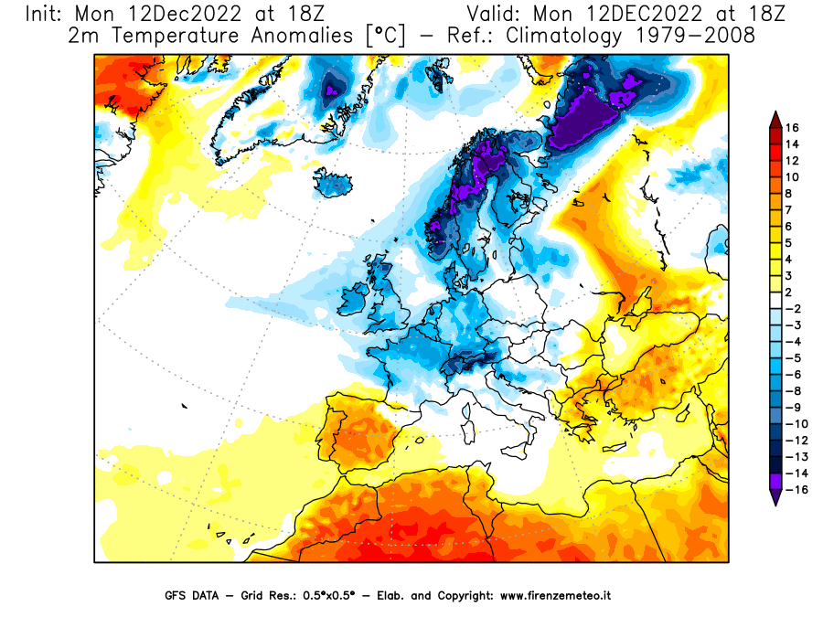 Mappa di analisi GFS - Anomalia Temperatura [°C] a 2 m in Europa
							del 12/12/2022 18 <!--googleoff: index-->UTC<!--googleon: index-->