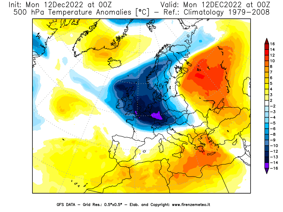 Mappa di analisi GFS - Anomalia Temperatura [°C] a 500 hPa in Europa
							del 12/12/2022 00 <!--googleoff: index-->UTC<!--googleon: index-->
