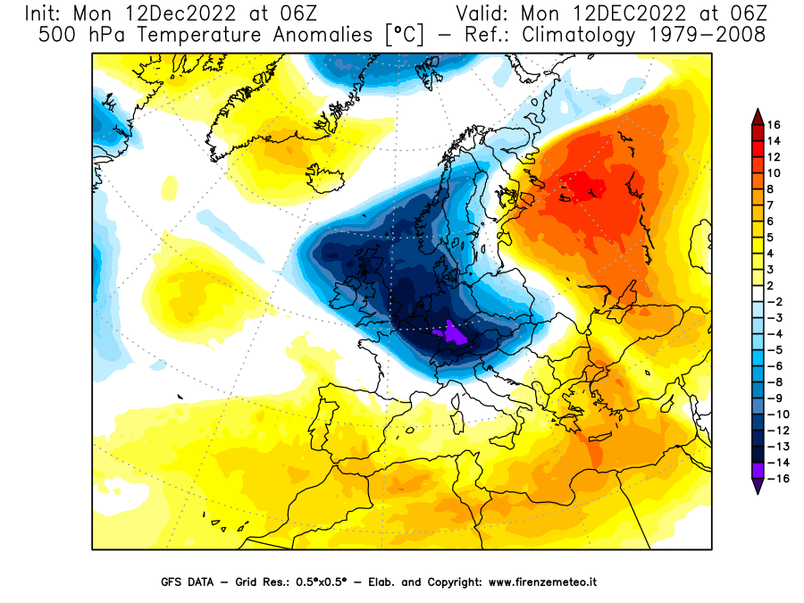 Mappa di analisi GFS - Anomalia Temperatura [°C] a 500 hPa in Europa
							del 12/12/2022 06 <!--googleoff: index-->UTC<!--googleon: index-->