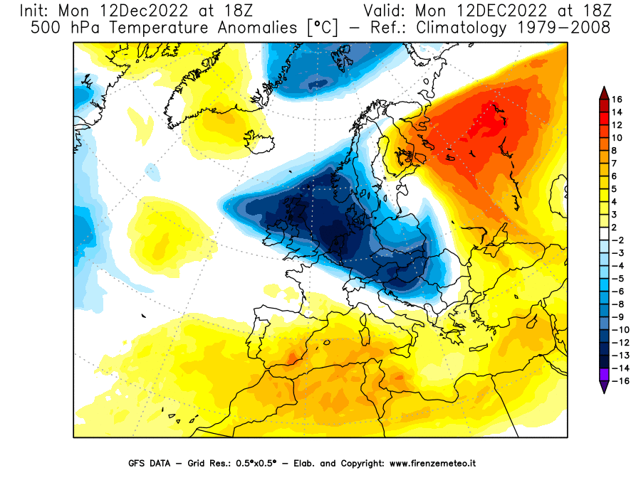 Mappa di analisi GFS - Anomalia Temperatura [°C] a 500 hPa in Europa
							del 12/12/2022 18 <!--googleoff: index-->UTC<!--googleon: index-->