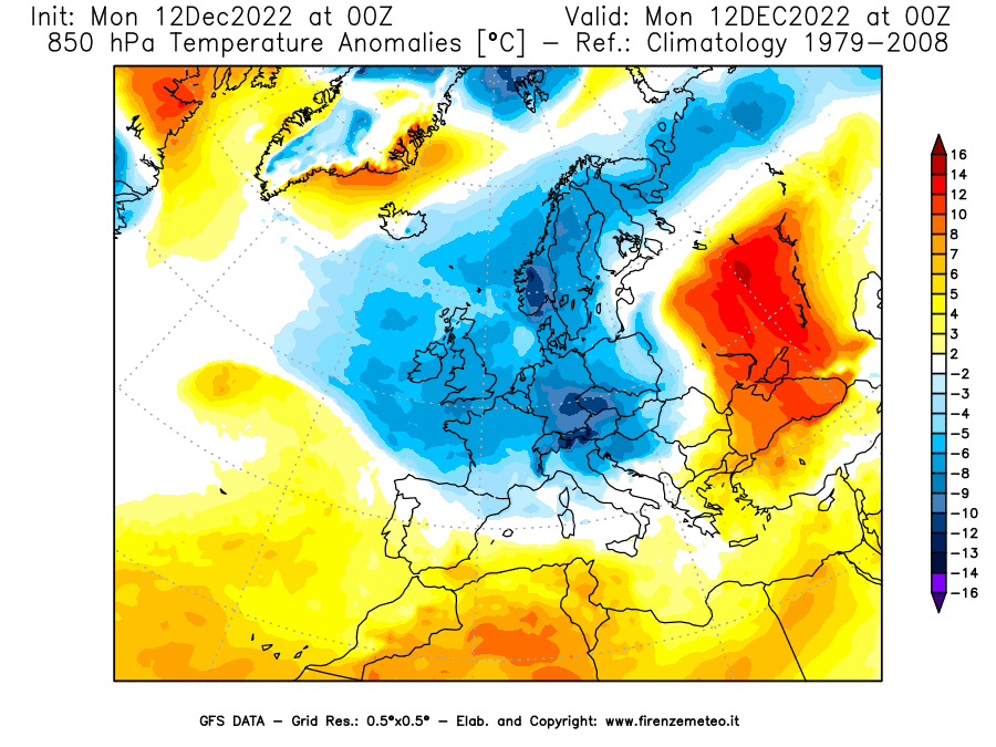 Mappa di analisi GFS - Anomalia Temperatura [°C] a 850 hPa in Europa
							del 12/12/2022 00 <!--googleoff: index-->UTC<!--googleon: index-->