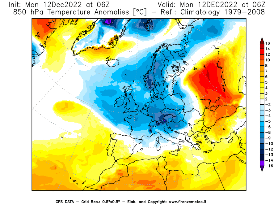 Mappa di analisi GFS - Anomalia Temperatura [°C] a 850 hPa in Europa
							del 12/12/2022 06 <!--googleoff: index-->UTC<!--googleon: index-->