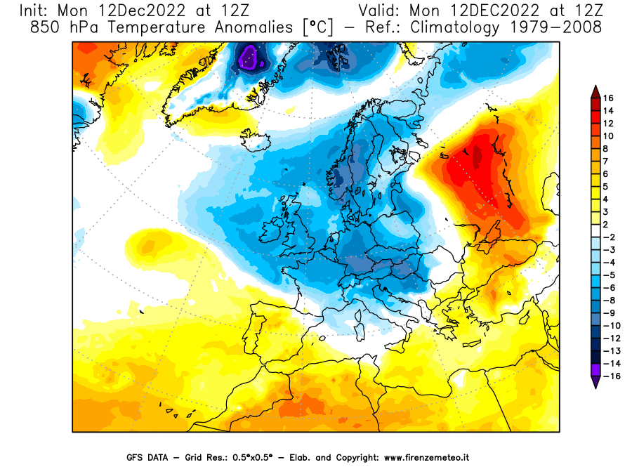 Mappa di analisi GFS - Anomalia Temperatura [°C] a 850 hPa in Europa
							del 12/12/2022 12 <!--googleoff: index-->UTC<!--googleon: index-->
