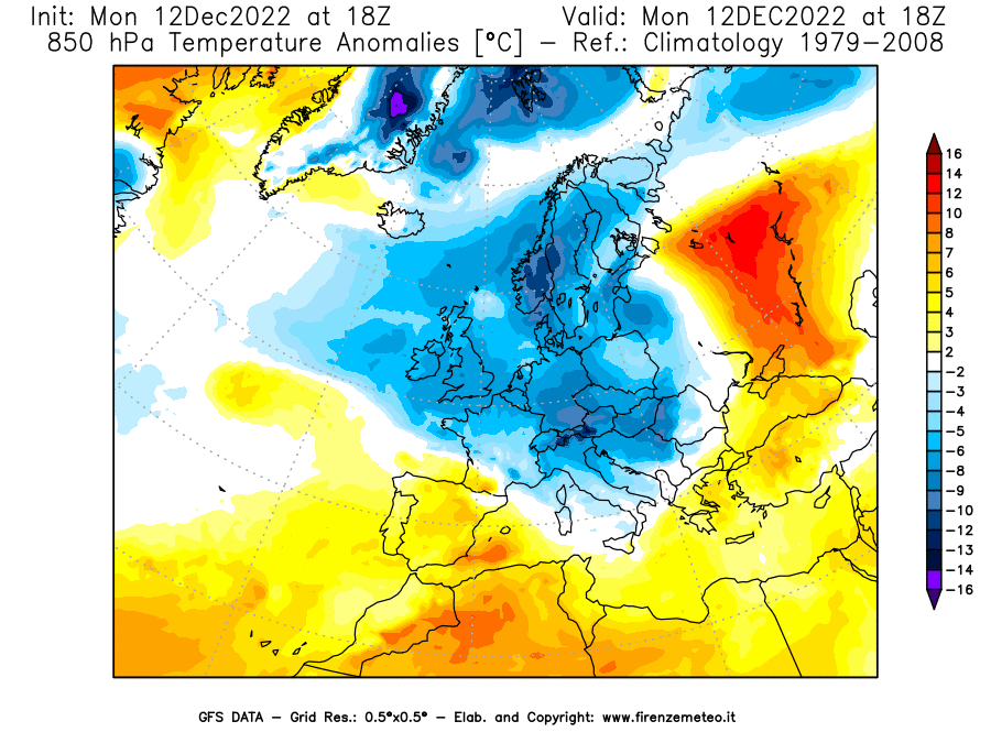 Mappa di analisi GFS - Anomalia Temperatura [°C] a 850 hPa in Europa
							del 12/12/2022 18 <!--googleoff: index-->UTC<!--googleon: index-->