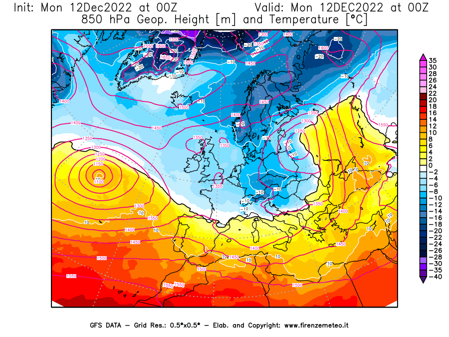 Mappa di analisi GFS - Geopotenziale [m] e Temperatura [°C] a 850 hPa in Europa
							del 12/12/2022 00 <!--googleoff: index-->UTC<!--googleon: index-->
