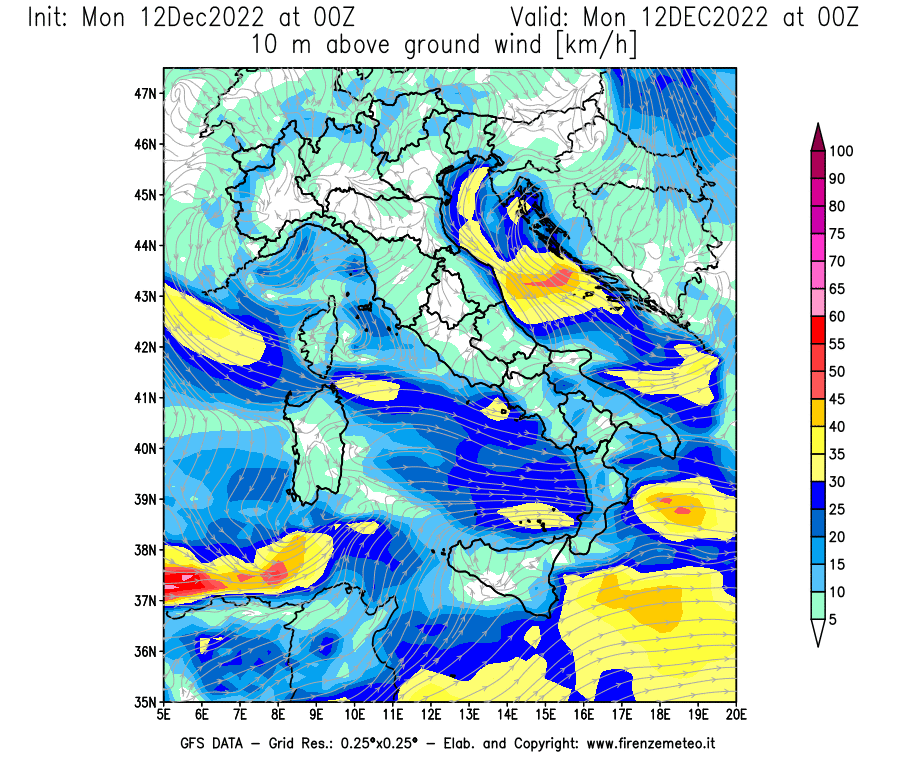 Mappa di analisi GFS - Velocità del vento a 10 metri dal suolo [km/h] in Italia
							del 12/12/2022 00 <!--googleoff: index-->UTC<!--googleon: index-->