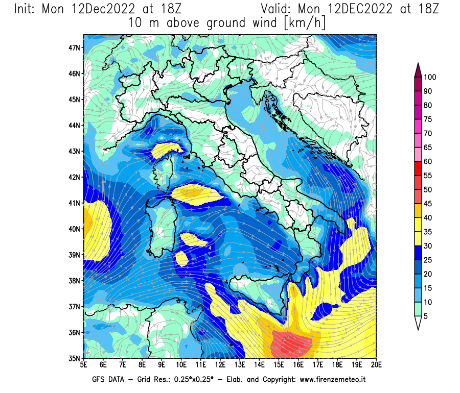 Mappa di analisi GFS - Velocità del vento a 10 metri dal suolo [km/h] in Italia
							del 12/12/2022 18 <!--googleoff: index-->UTC<!--googleon: index-->