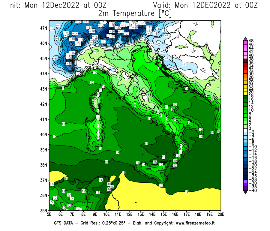 Mappa di analisi GFS - Temperatura a 2 metri dal suolo [°C] in Italia
							del 12/12/2022 00 <!--googleoff: index-->UTC<!--googleon: index-->