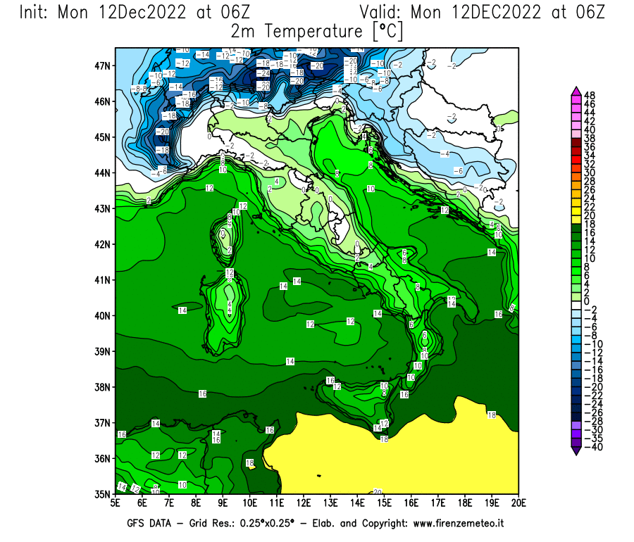 Mappa di analisi GFS - Temperatura a 2 metri dal suolo [°C] in Italia
							del 12/12/2022 06 <!--googleoff: index-->UTC<!--googleon: index-->