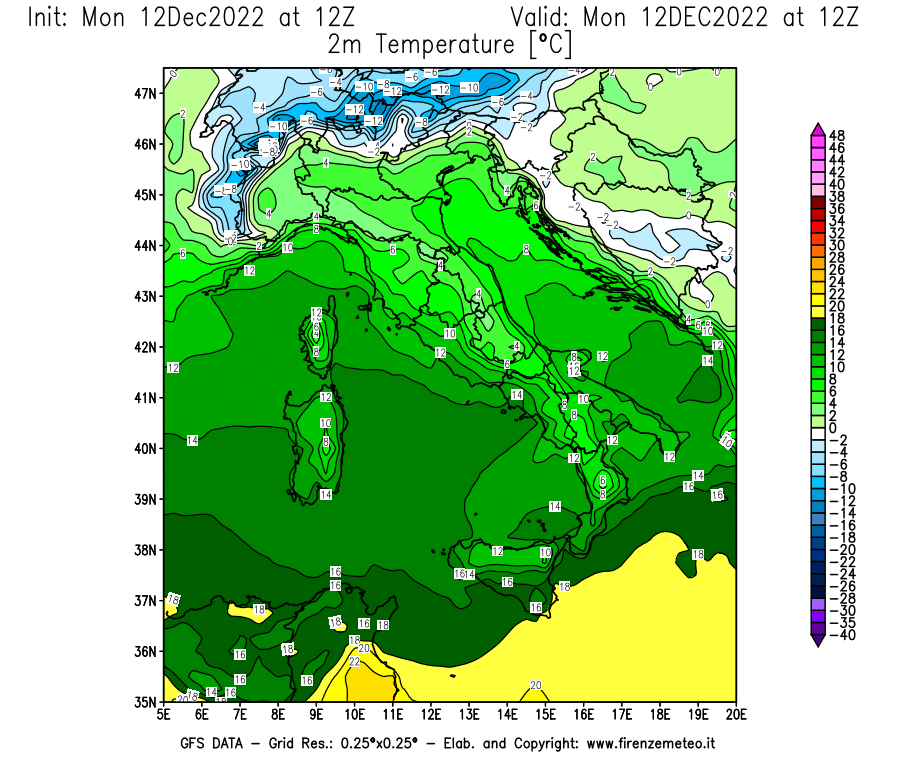 Mappa di analisi GFS - Temperatura a 2 metri dal suolo [°C] in Italia
							del 12/12/2022 12 <!--googleoff: index-->UTC<!--googleon: index-->