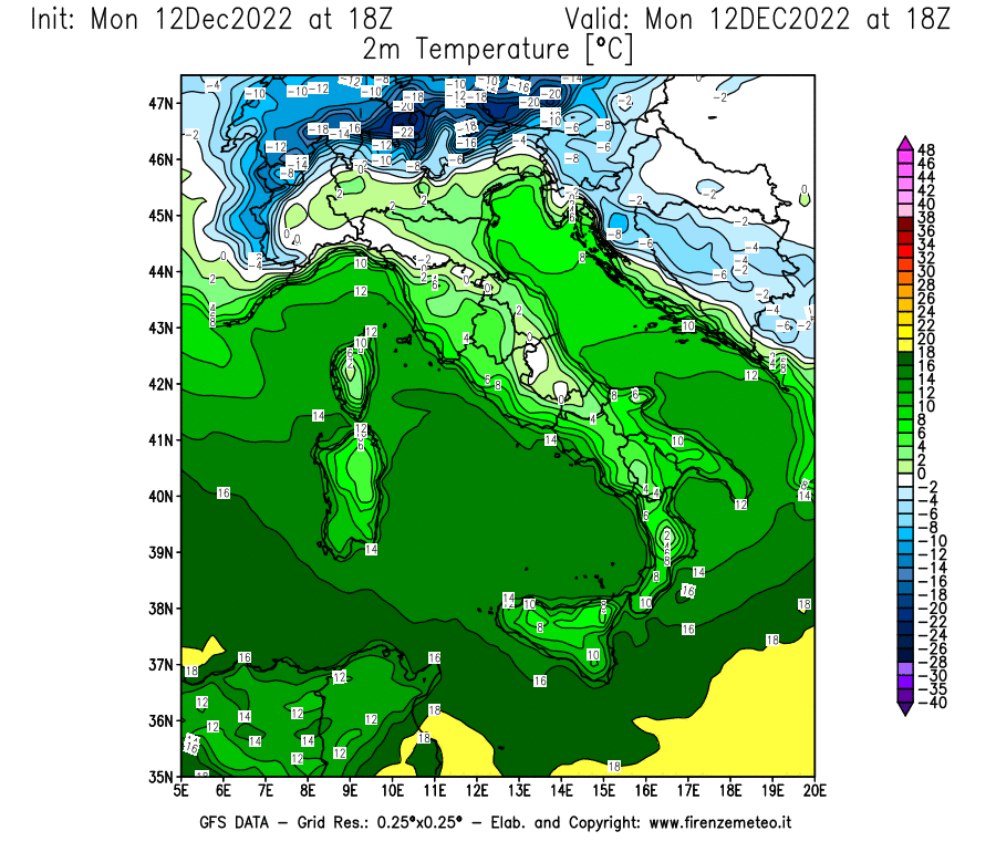 Mappa di analisi GFS - Temperatura a 2 metri dal suolo [°C] in Italia
							del 12/12/2022 18 <!--googleoff: index-->UTC<!--googleon: index-->