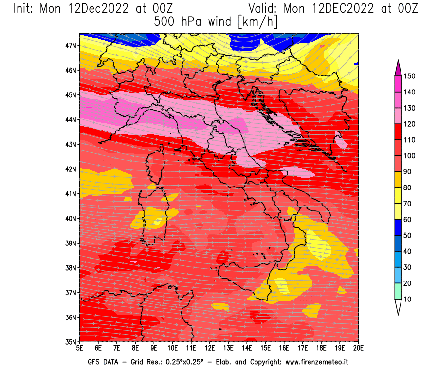 Mappa di analisi GFS - Velocità del vento a 500 hPa [km/h] in Italia
							del 12/12/2022 00 <!--googleoff: index-->UTC<!--googleon: index-->