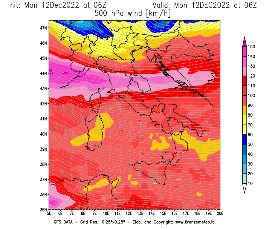 Mappa di analisi GFS - Velocità del vento a 500 hPa [km/h] in Italia
							del 12/12/2022 06 <!--googleoff: index-->UTC<!--googleon: index-->