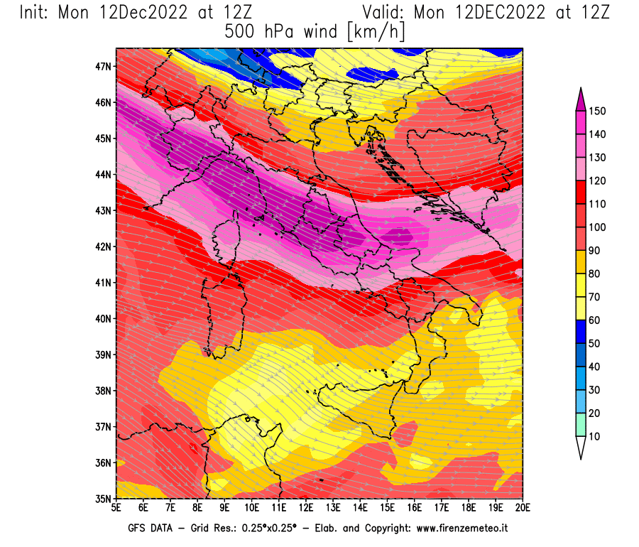 Mappa di analisi GFS - Velocità del vento a 500 hPa [km/h] in Italia
							del 12/12/2022 12 <!--googleoff: index-->UTC<!--googleon: index-->