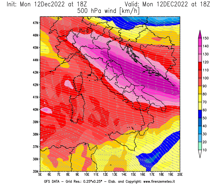Mappa di analisi GFS - Velocità del vento a 500 hPa [km/h] in Italia
							del 12/12/2022 18 <!--googleoff: index-->UTC<!--googleon: index-->