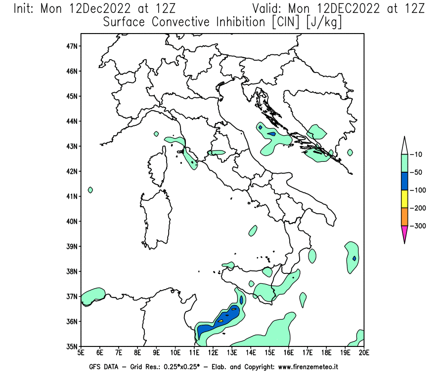 Mappa di analisi GFS - CIN [J/kg] in Italia
							del 12/12/2022 12 <!--googleoff: index-->UTC<!--googleon: index-->