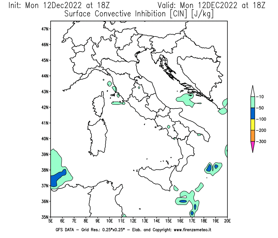 Mappa di analisi GFS - CIN [J/kg] in Italia
							del 12/12/2022 18 <!--googleoff: index-->UTC<!--googleon: index-->