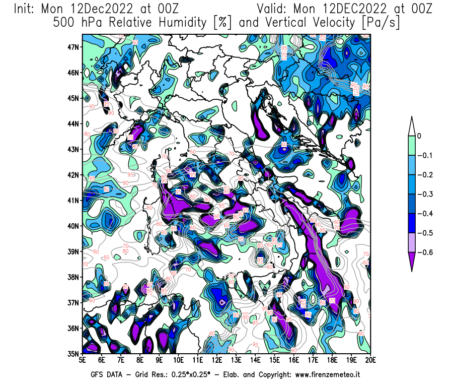 Mappa di analisi GFS - Umidità relativa [%] e Omega [Pa/s] a 500 hPa in Italia
							del 12/12/2022 00 <!--googleoff: index-->UTC<!--googleon: index-->