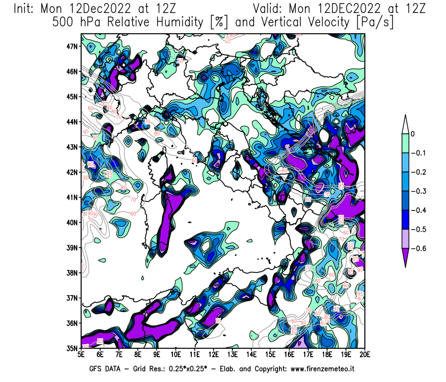 Mappa di analisi GFS - Umidità relativa [%] e Omega [Pa/s] a 500 hPa in Italia
							del 12/12/2022 12 <!--googleoff: index-->UTC<!--googleon: index-->