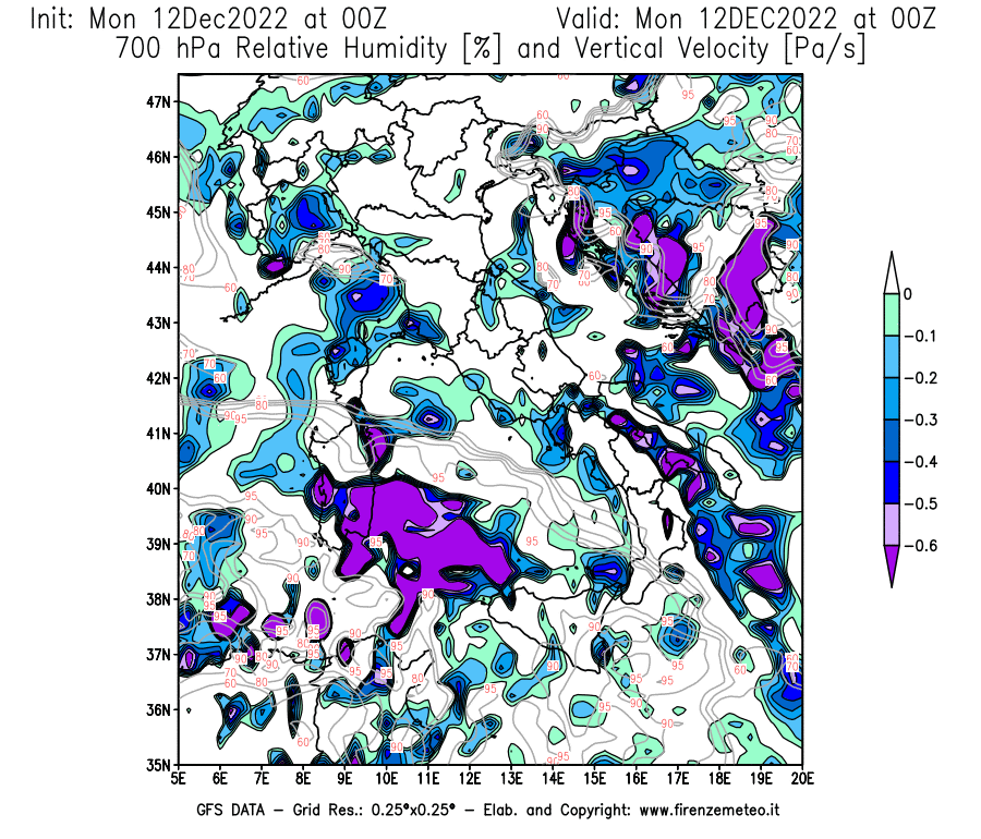 Mappa di analisi GFS - Umidità relativa [%] e Omega [Pa/s] a 700 hPa in Italia
							del 12/12/2022 00 <!--googleoff: index-->UTC<!--googleon: index-->