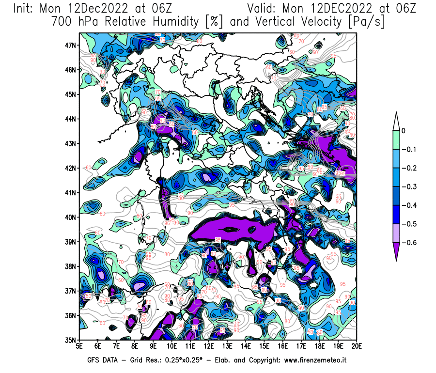 Mappa di analisi GFS - Umidità relativa [%] e Omega [Pa/s] a 700 hPa in Italia
							del 12/12/2022 06 <!--googleoff: index-->UTC<!--googleon: index-->