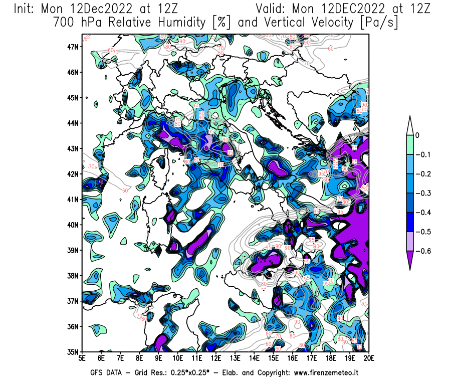 Mappa di analisi GFS - Umidità relativa [%] e Omega [Pa/s] a 700 hPa in Italia
							del 12/12/2022 12 <!--googleoff: index-->UTC<!--googleon: index-->