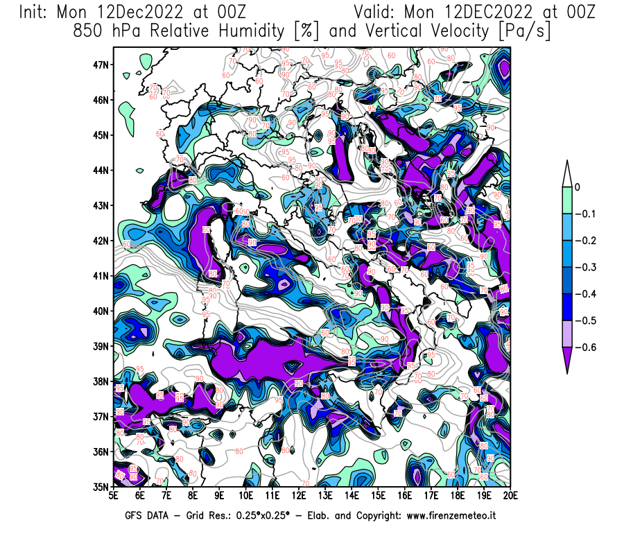 Mappa di analisi GFS - Umidità relativa [%] e Omega [Pa/s] a 850 hPa in Italia
							del 12/12/2022 00 <!--googleoff: index-->UTC<!--googleon: index-->