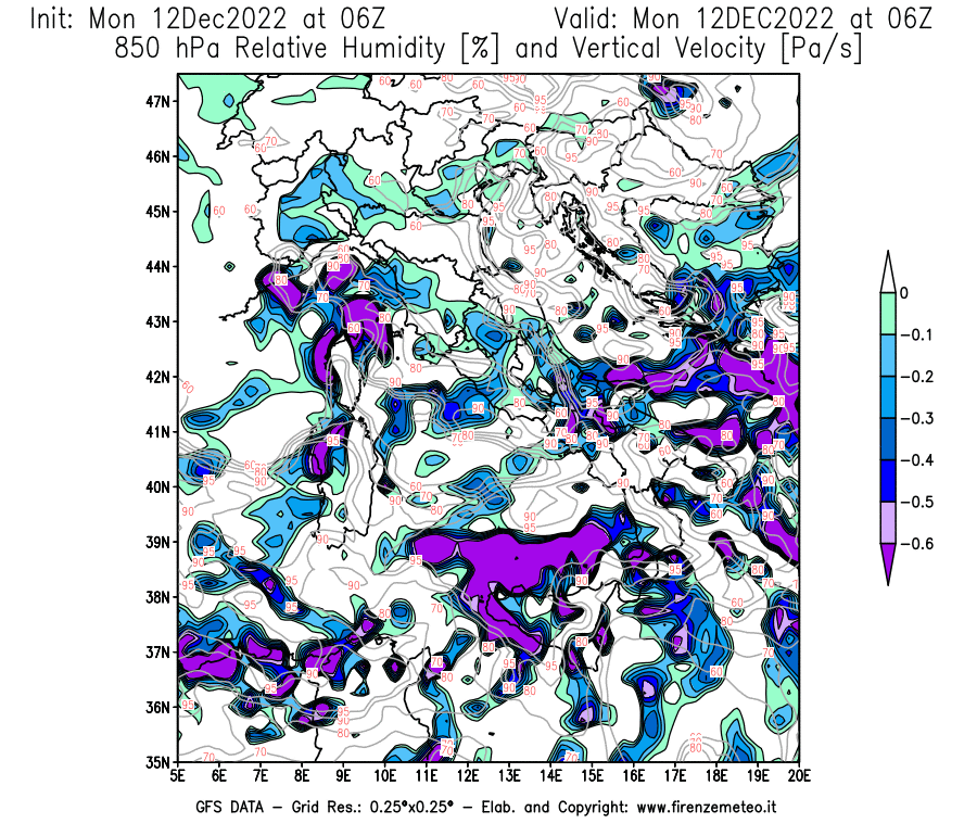 Mappa di analisi GFS - Umidità relativa [%] e Omega [Pa/s] a 850 hPa in Italia
							del 12/12/2022 06 <!--googleoff: index-->UTC<!--googleon: index-->