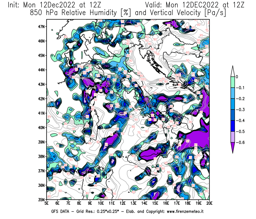Mappa di analisi GFS - Umidità relativa [%] e Omega [Pa/s] a 850 hPa in Italia
							del 12/12/2022 12 <!--googleoff: index-->UTC<!--googleon: index-->