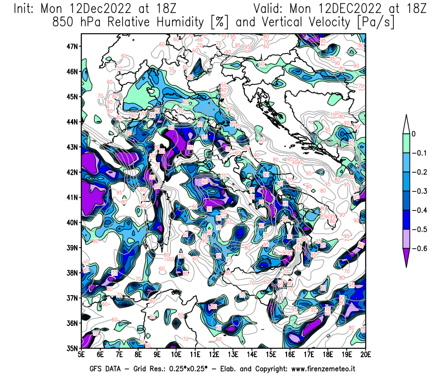 Mappa di analisi GFS - Umidità relativa [%] e Omega [Pa/s] a 850 hPa in Italia
							del 12/12/2022 18 <!--googleoff: index-->UTC<!--googleon: index-->