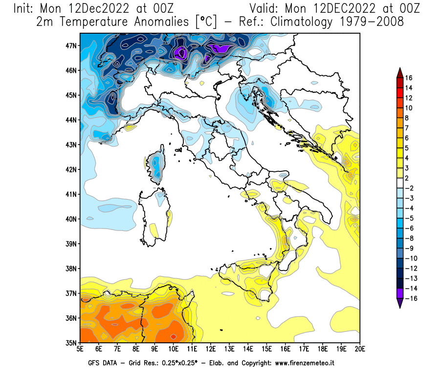 Mappa di analisi GFS - Anomalia Temperatura [°C] a 2 m in Italia
							del 12/12/2022 00 <!--googleoff: index-->UTC<!--googleon: index-->