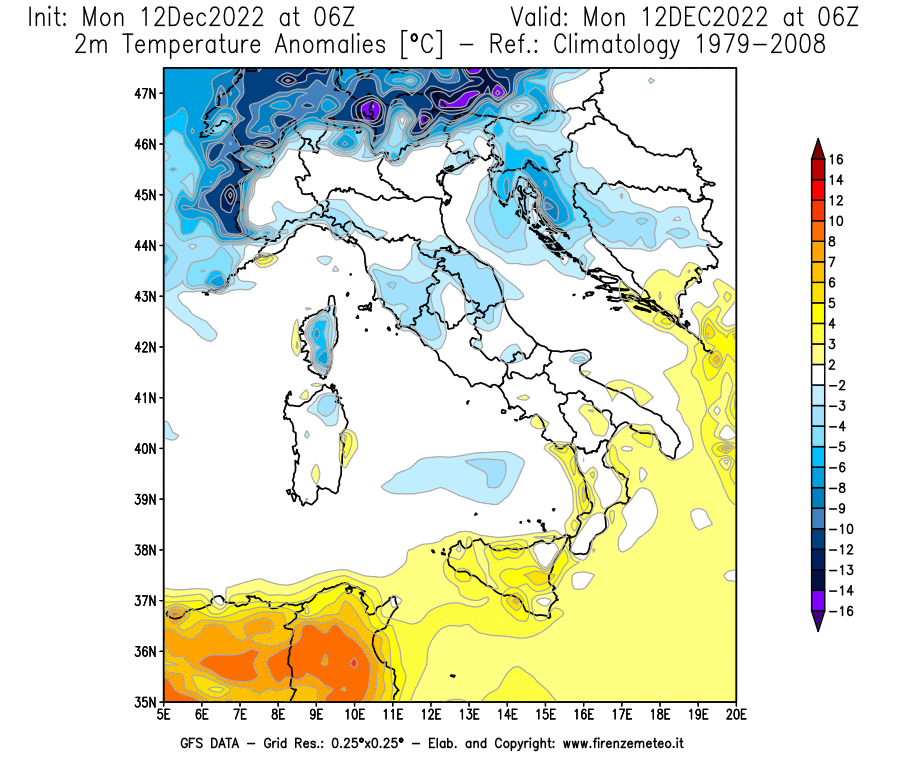 Mappa di analisi GFS - Anomalia Temperatura [°C] a 2 m in Italia
							del 12/12/2022 06 <!--googleoff: index-->UTC<!--googleon: index-->