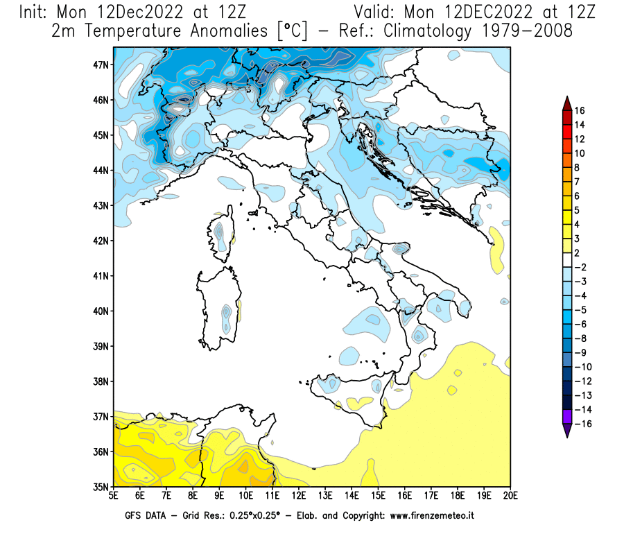 Mappa di analisi GFS - Anomalia Temperatura [°C] a 2 m in Italia
							del 12/12/2022 12 <!--googleoff: index-->UTC<!--googleon: index-->