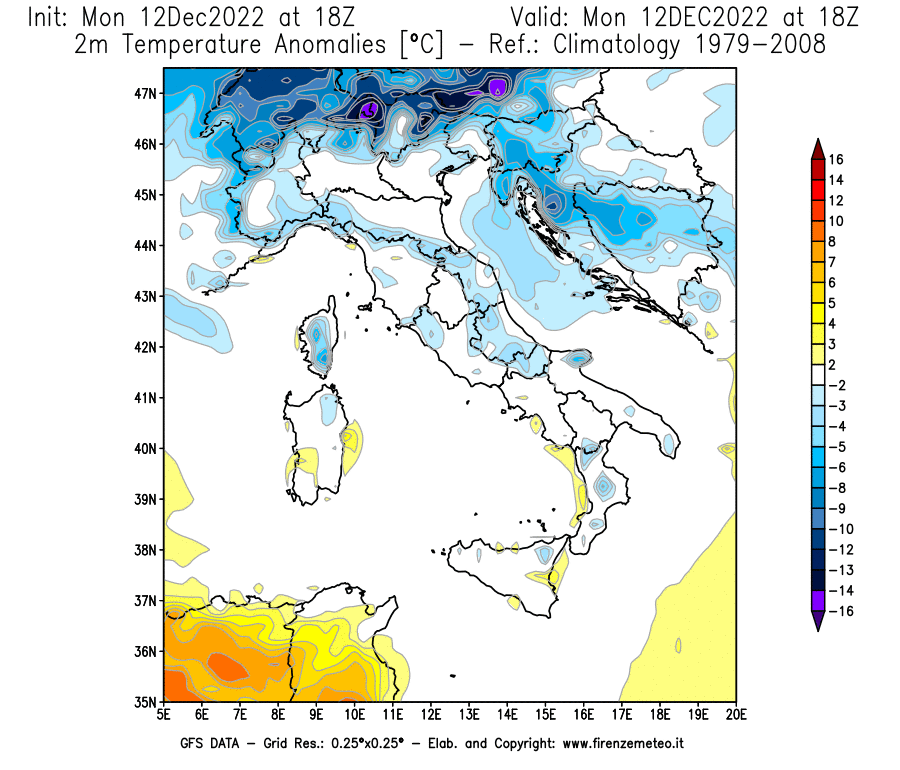Mappa di analisi GFS - Anomalia Temperatura [°C] a 2 m in Italia
							del 12/12/2022 18 <!--googleoff: index-->UTC<!--googleon: index-->