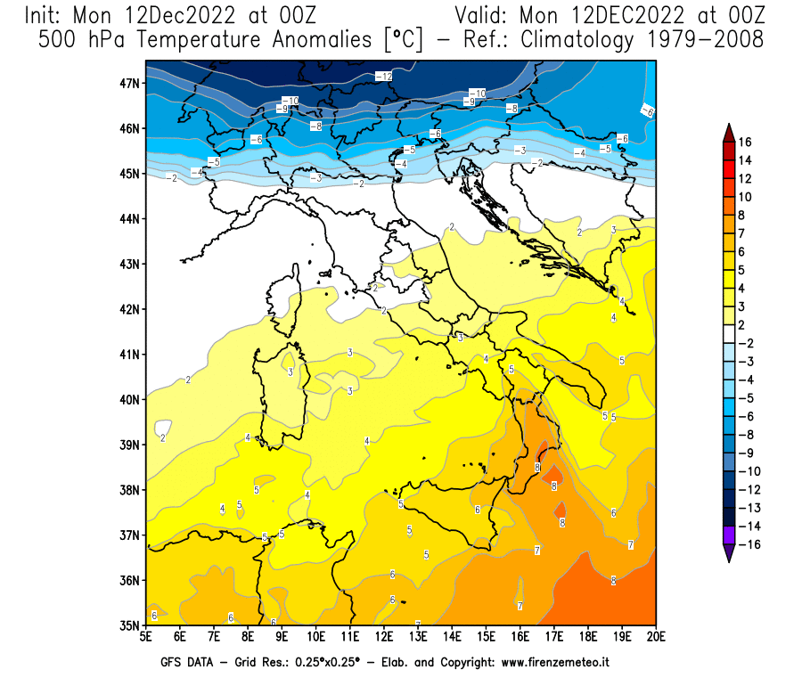 Mappa di analisi GFS - Anomalia Temperatura [°C] a 500 hPa in Italia
							del 12/12/2022 00 <!--googleoff: index-->UTC<!--googleon: index-->