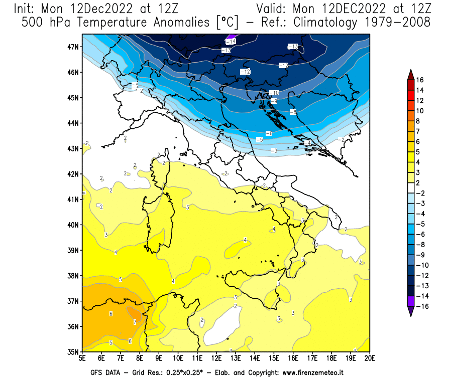 Mappa di analisi GFS - Anomalia Temperatura [°C] a 500 hPa in Italia
							del 12/12/2022 12 <!--googleoff: index-->UTC<!--googleon: index-->